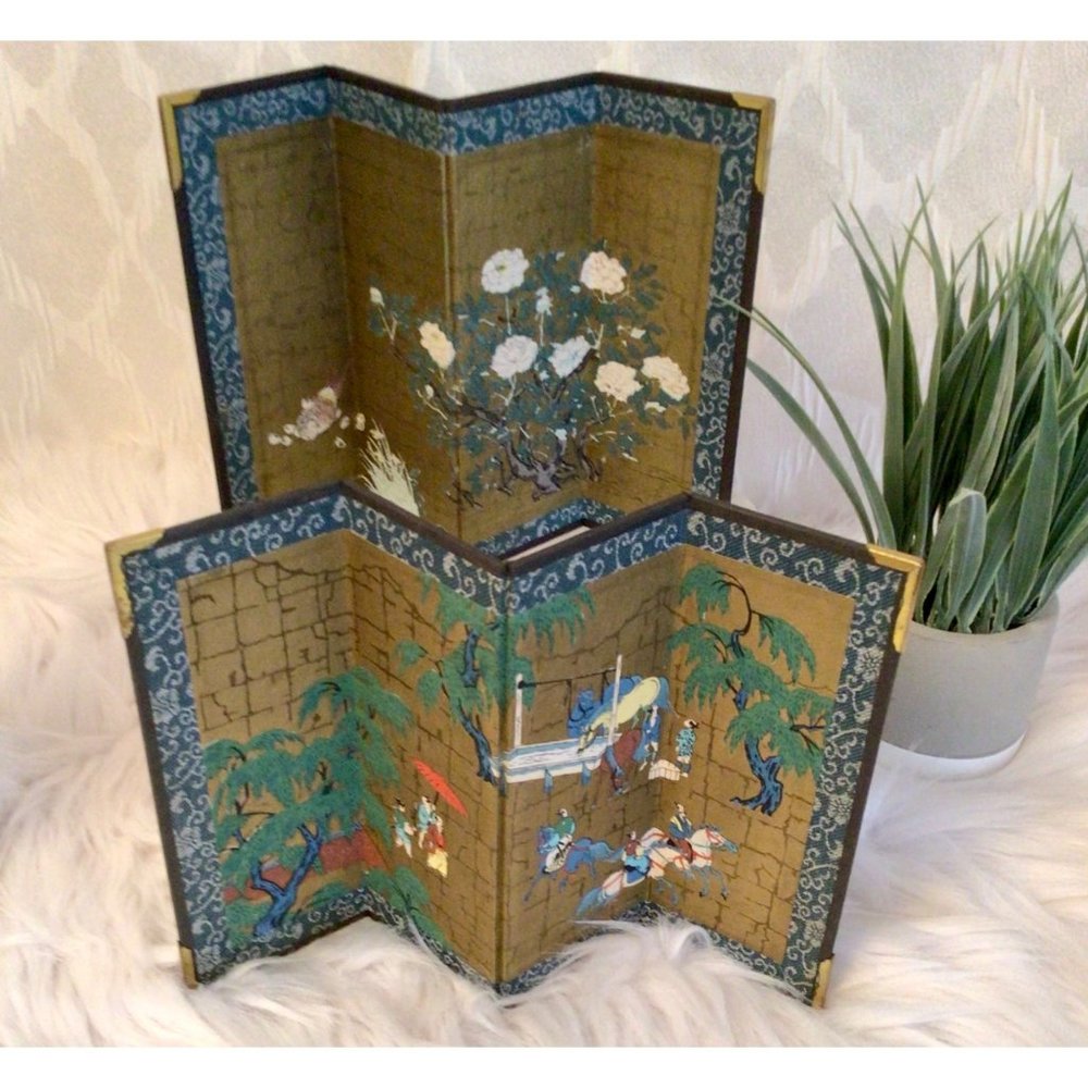 Pair of Vintage Bijin-ga Sakura Folding Mini Screens/Japan Mini Vintage Screens/